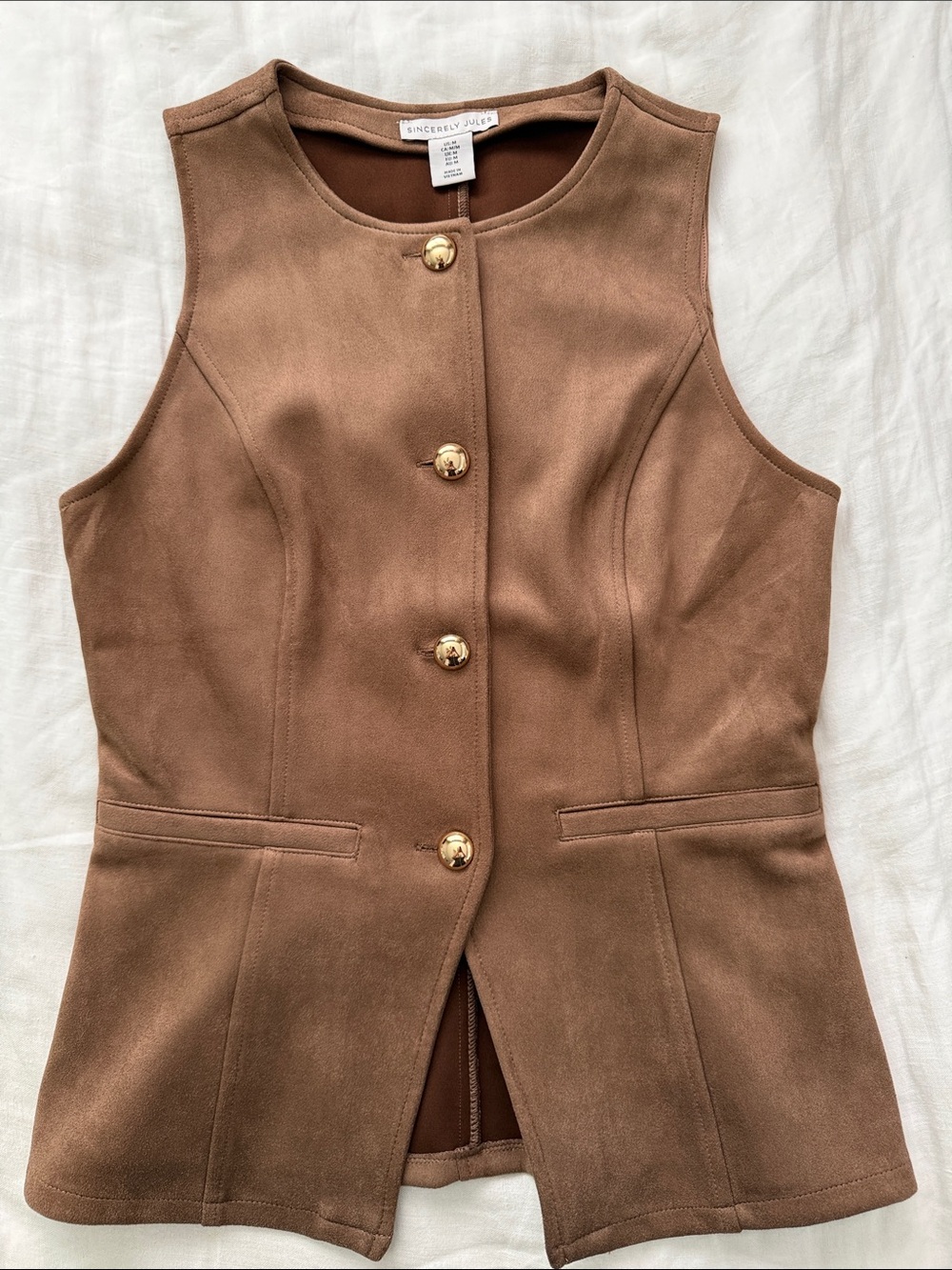 Sincerely Jules Brown Suede Button-Front Sleeveless Vest